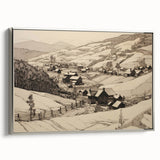 Vintage Landscape Art - Ink Drawing of Countryside Village