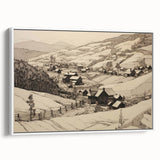 Vintage Landscape Art - Ink Drawing of Countryside Village