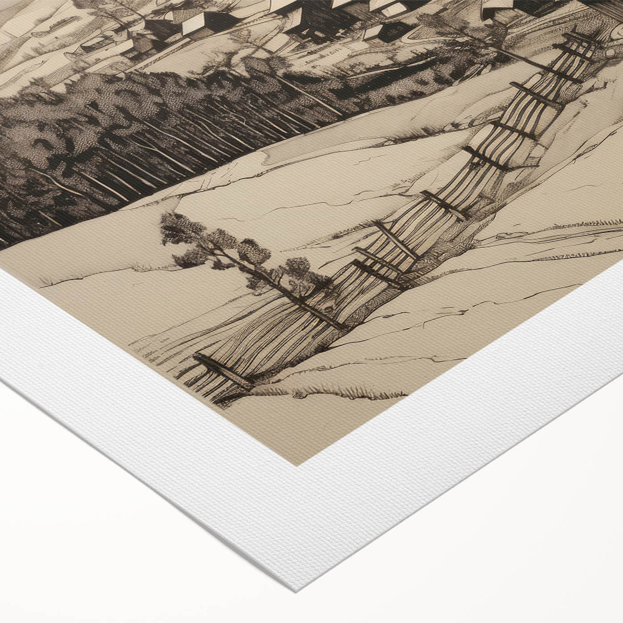 Vintage Landscape Art - Ink Drawing of Countryside Village