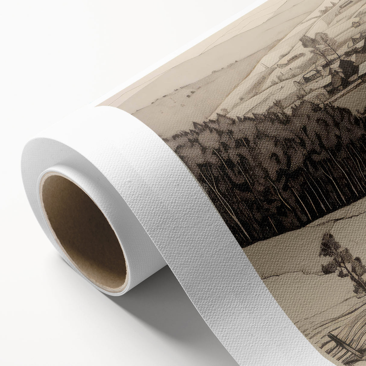 Vintage Landscape Art - Ink Drawing of Countryside Village