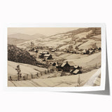 Vintage Landscape Art - Ink Drawing of Countryside Village