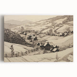 Vintage Landscape Art - Ink Drawing of Countryside Village