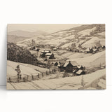 Vintage Landscape Art - Ink Drawing of Countryside Village