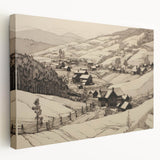 Vintage Landscape Art - Ink Drawing of Countryside Village