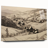 Vintage Landscape Art - Ink Drawing of Countryside Village
