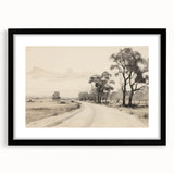 Vintage Landscape Art - Countryside Road in Black and White Ink