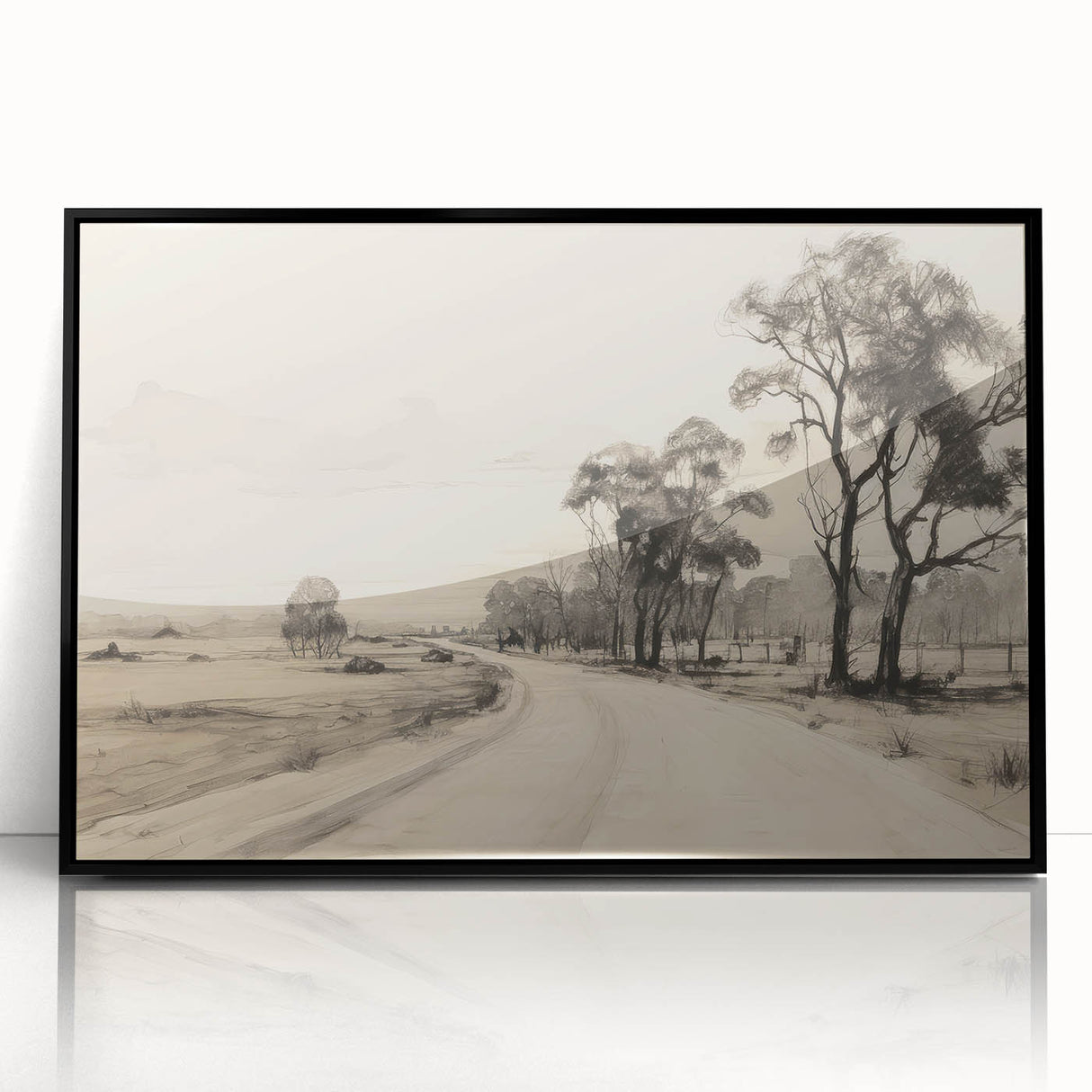 Vintage Landscape Art - Countryside Road in Black and White Ink
