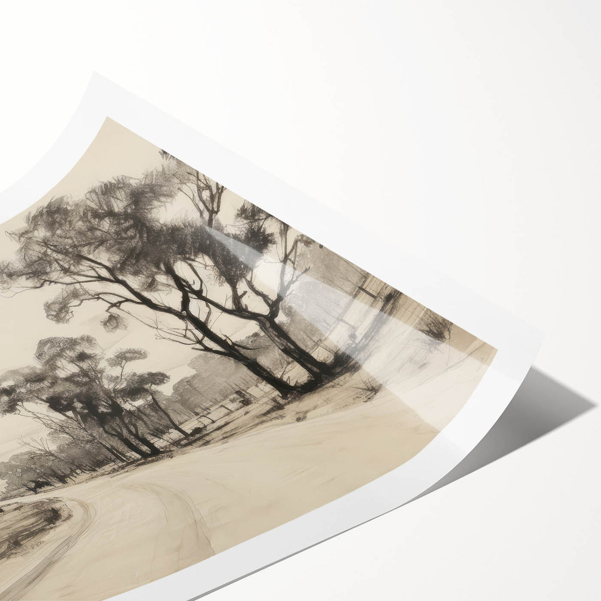 Vintage Landscape Art - Countryside Road in Black and White Ink