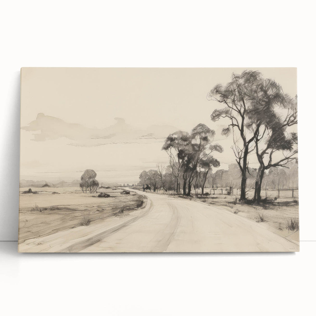 Vintage Landscape Art - Countryside Road in Black and White Ink