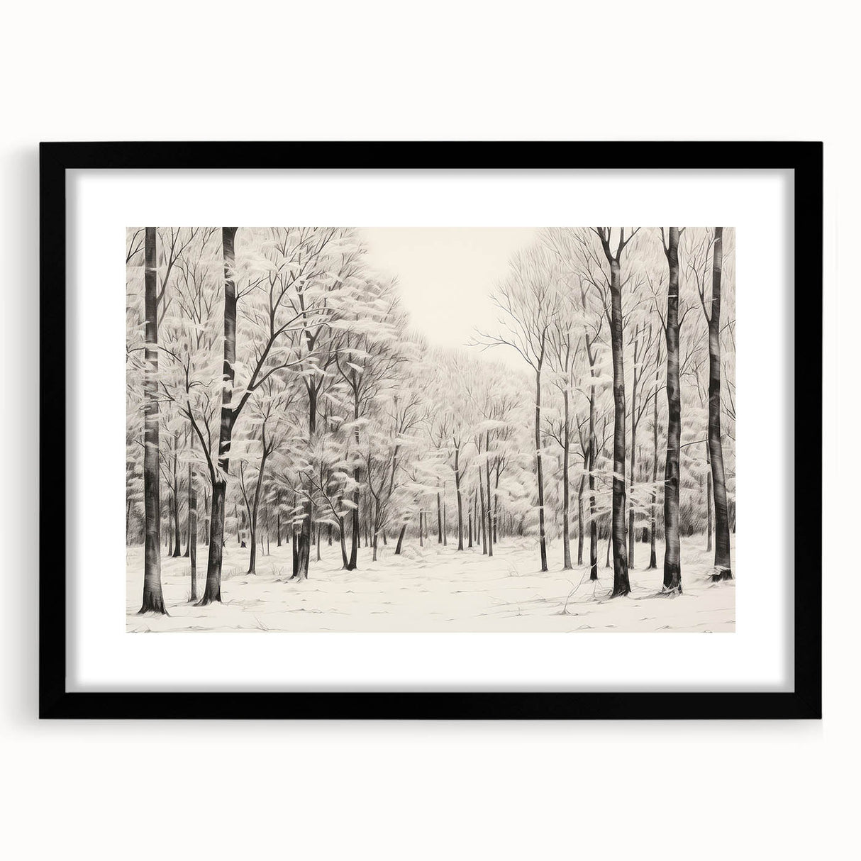 Vintage Landscape Art - Snowy Winter Forest in Black and White Ink
