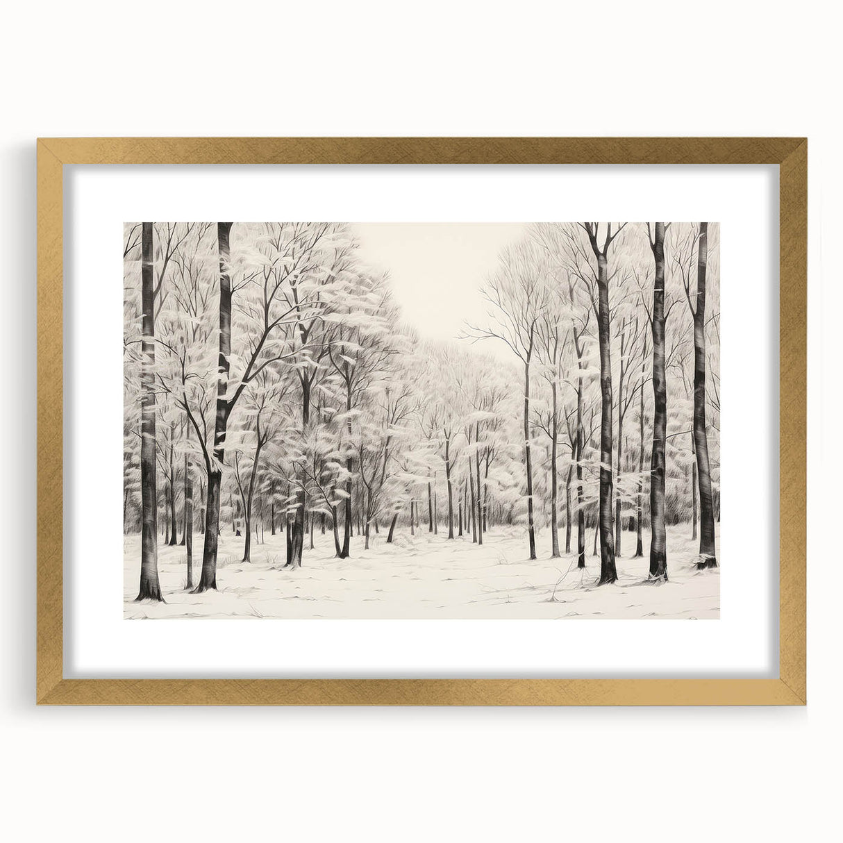 Vintage Landscape Art - Snowy Winter Forest in Black and White Ink