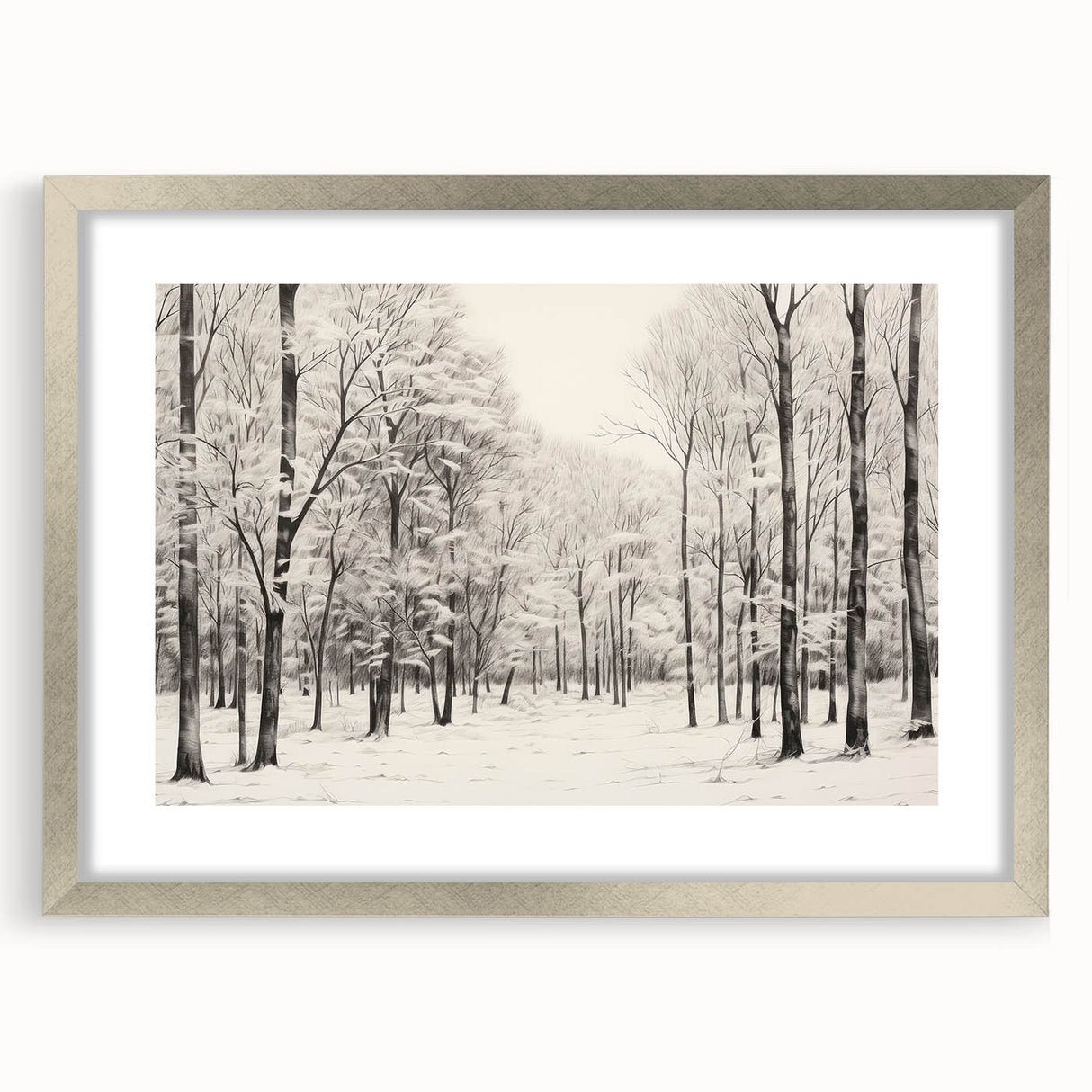 Vintage Landscape Art - Snowy Winter Forest in Black and White Ink