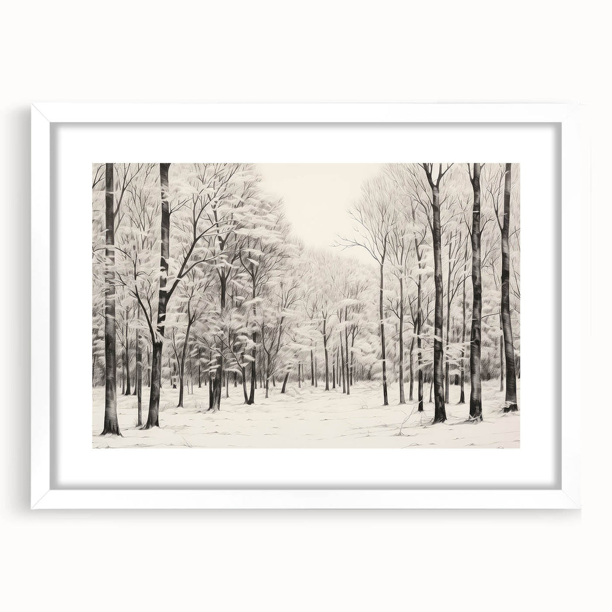Vintage Landscape Art - Snowy Winter Forest in Black and White Ink