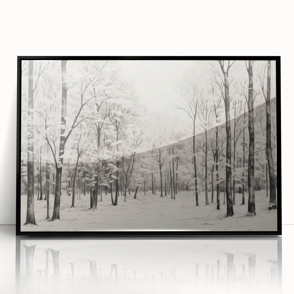 Vintage Landscape Art - Snowy Winter Forest in Black and White Ink