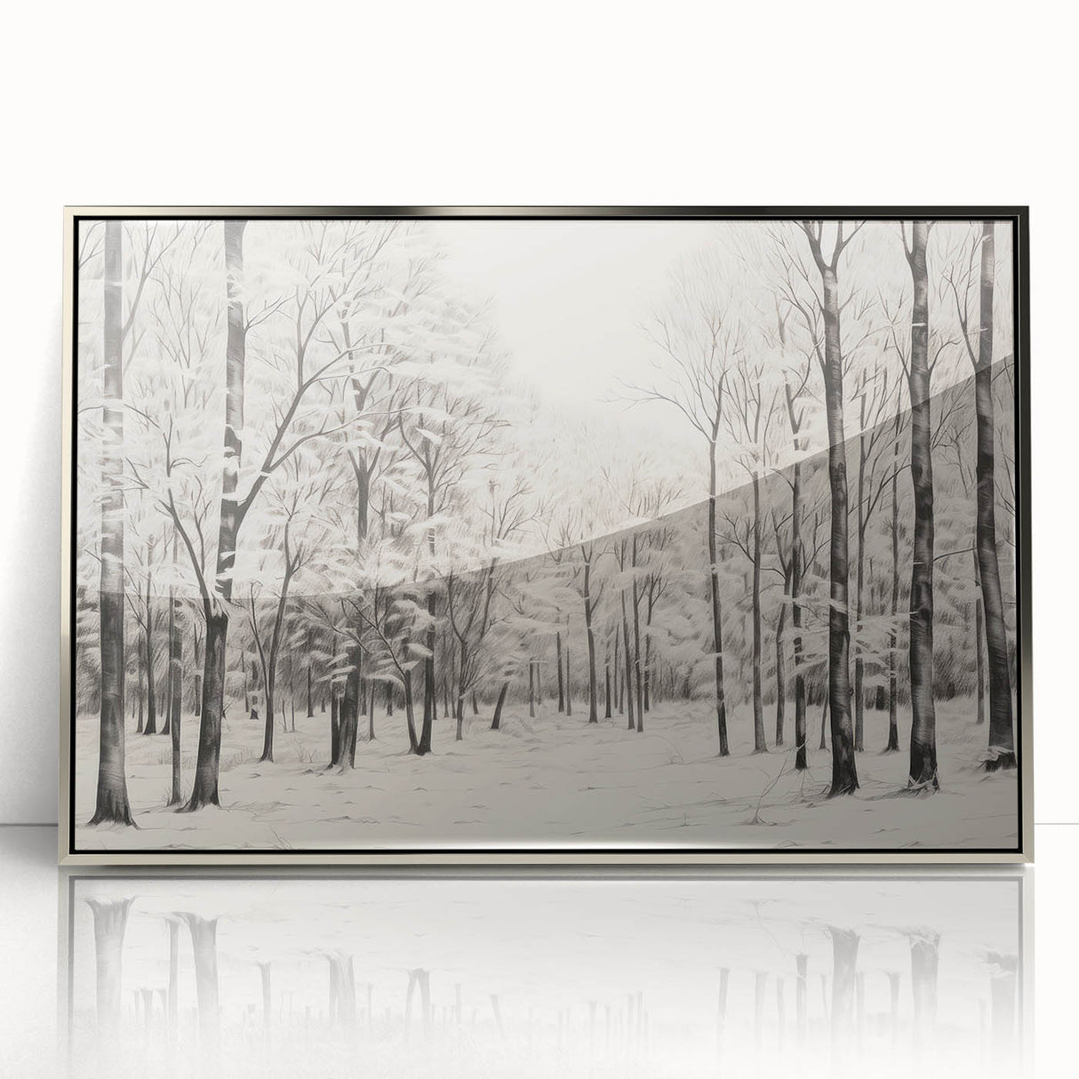 Vintage Landscape Art - Snowy Winter Forest in Black and White Ink