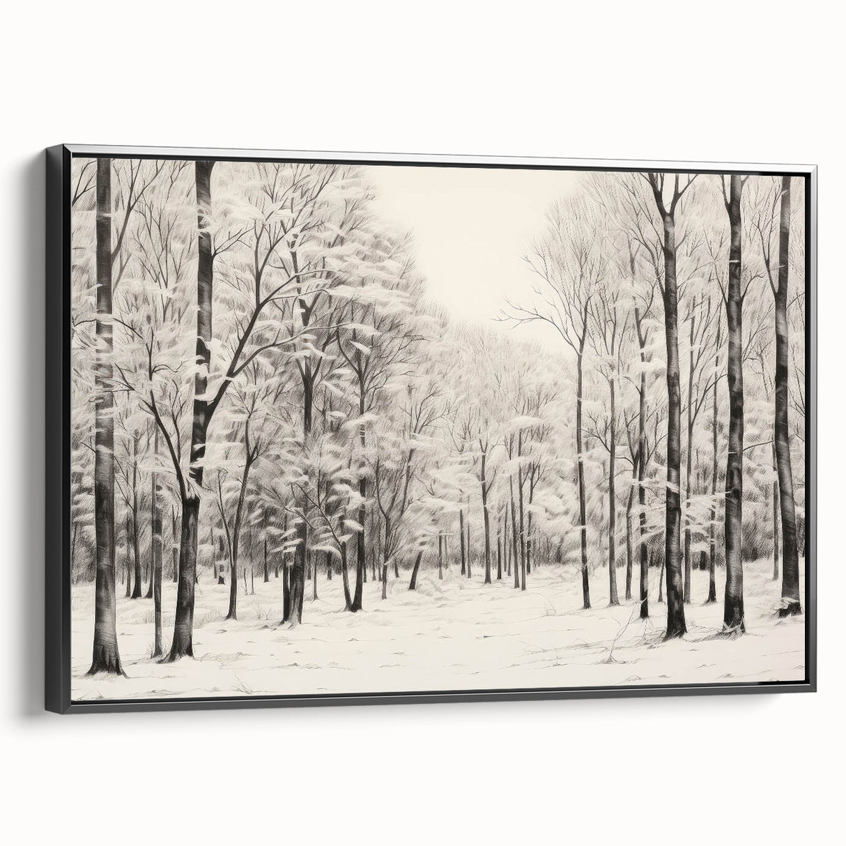 Vintage Landscape Art - Snowy Winter Forest in Black and White Ink