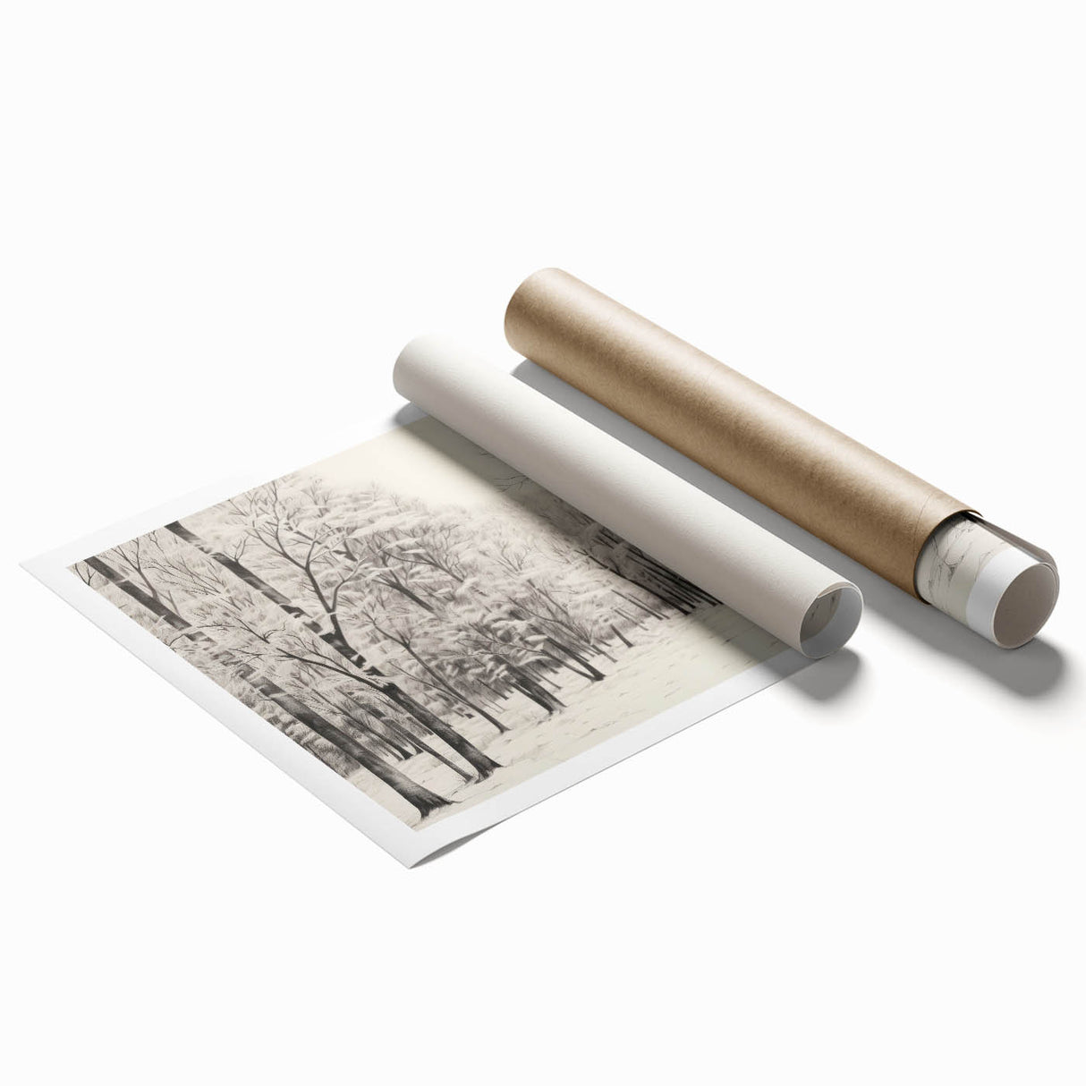 Vintage Landscape Art - Snowy Winter Forest in Black and White Ink