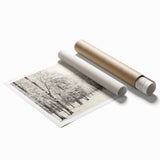 Vintage Landscape Art - Snowy Winter Forest in Black and White Ink