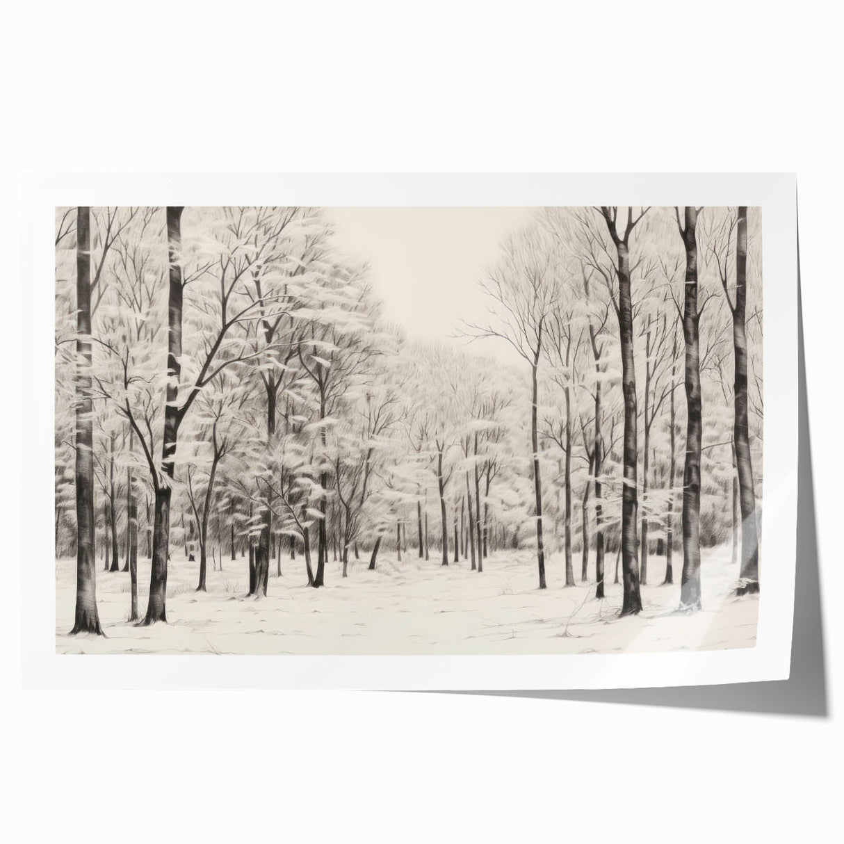 Vintage Landscape Art - Snowy Winter Forest in Black and White Ink