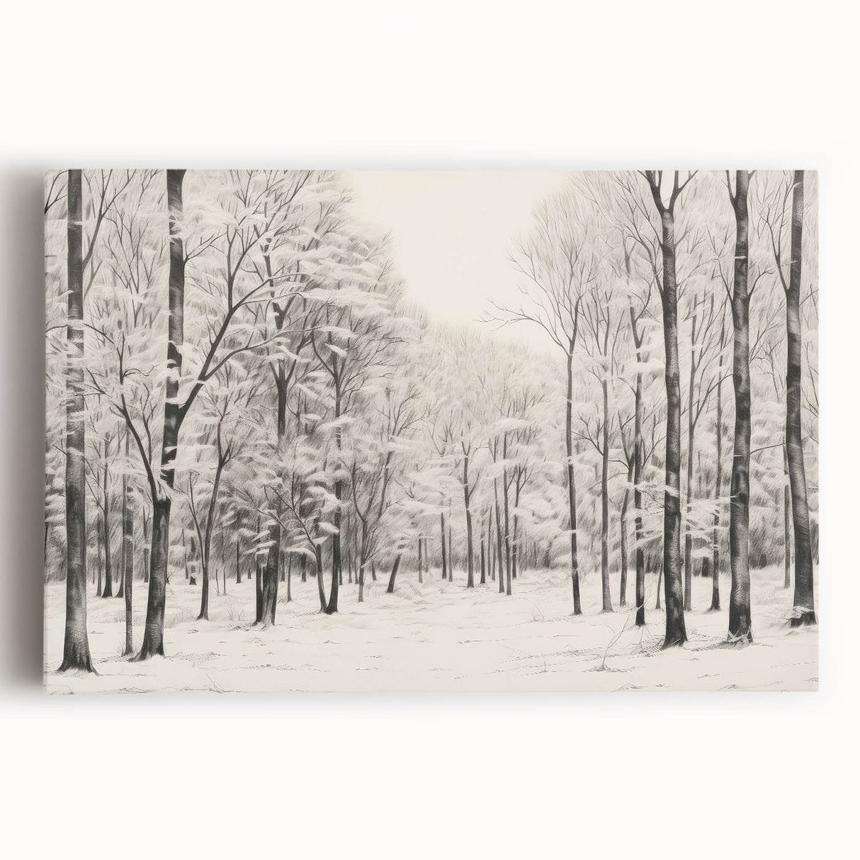 Vintage Landscape Art - Snowy Winter Forest in Black and White Ink