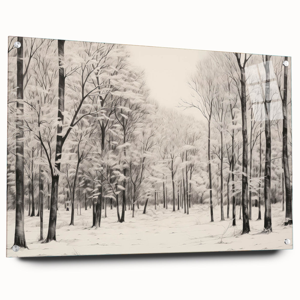 Vintage Landscape Art - Snowy Winter Forest in Black and White Ink