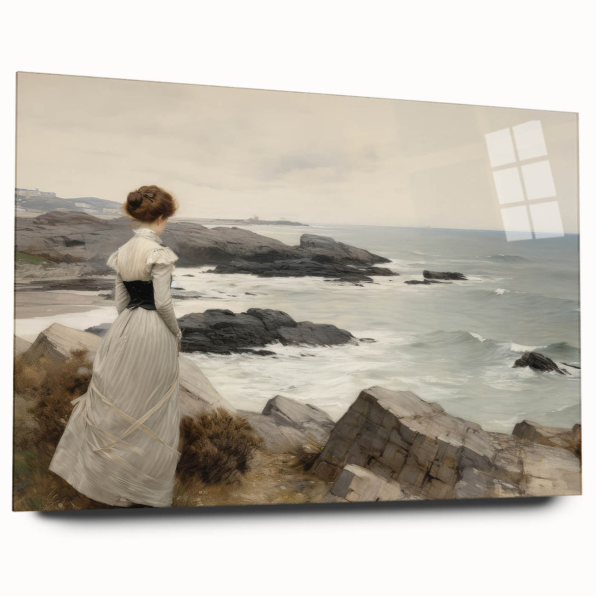 Vintage Landscape Art - Woman by the Sea on Rocky Shoreline