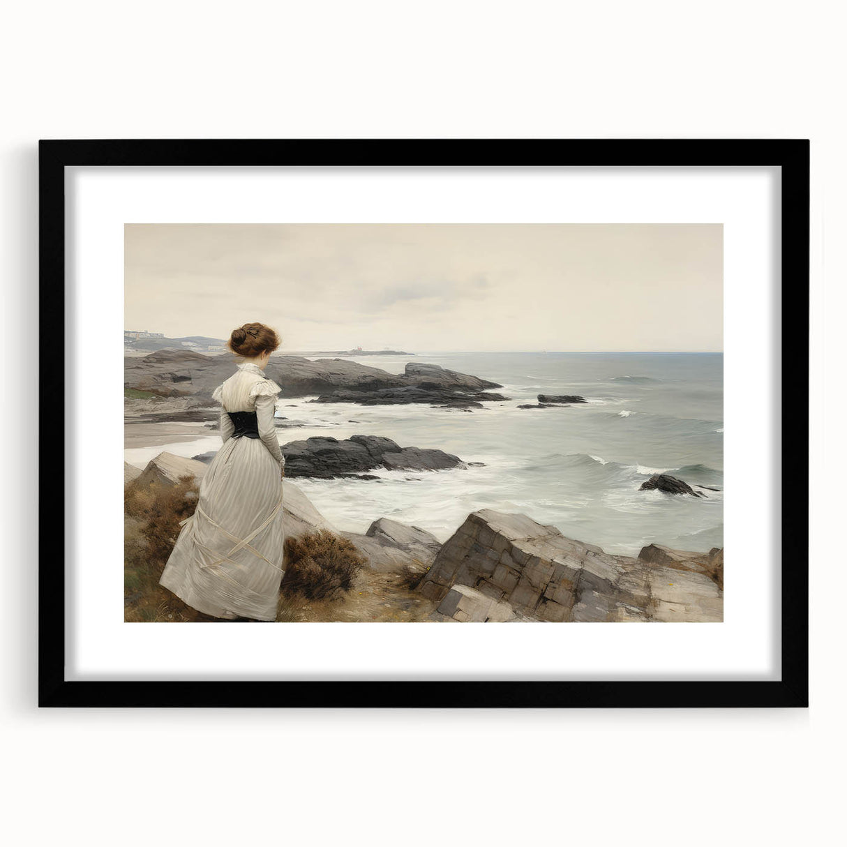 Vintage Landscape Art - Woman by the Sea on Rocky Shoreline