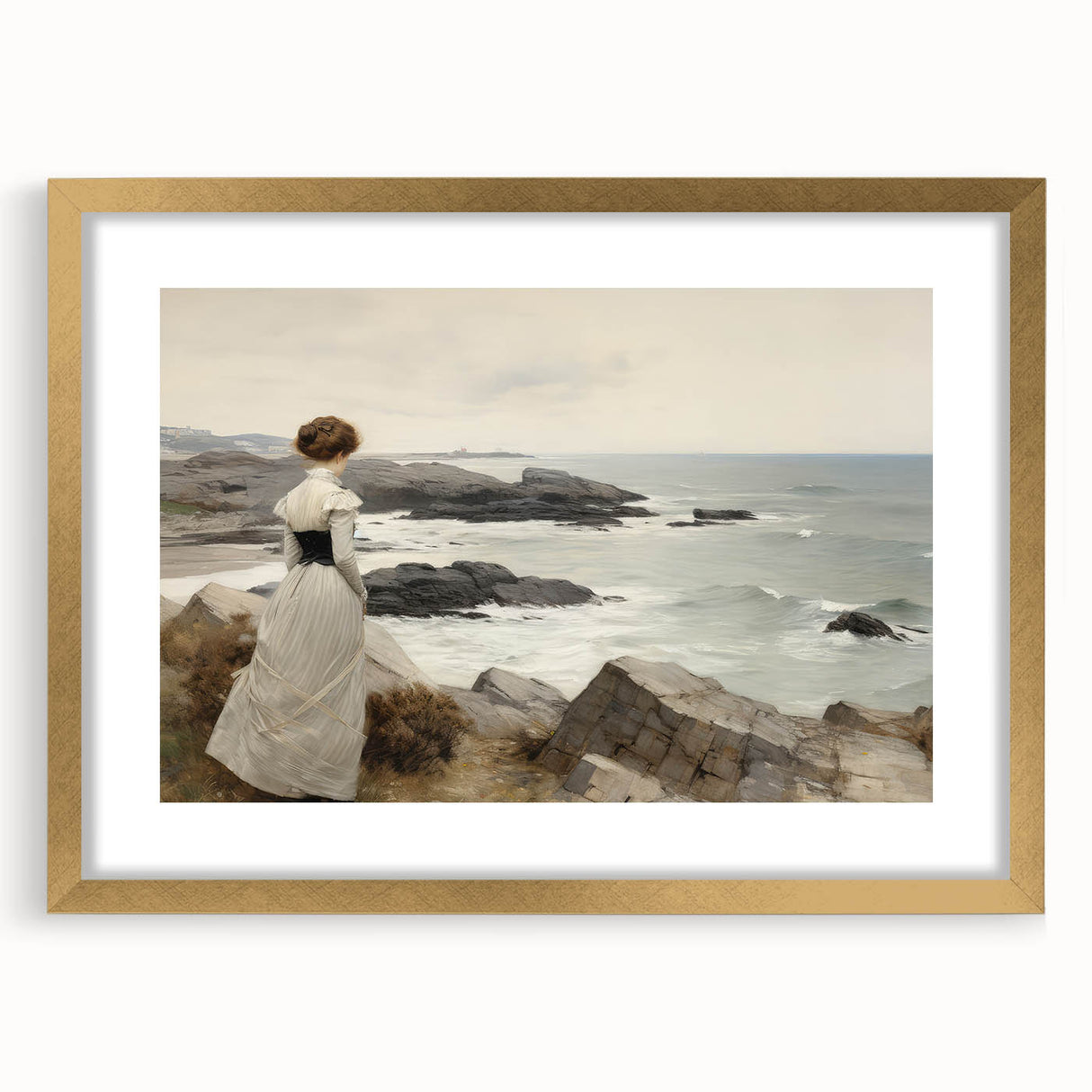 Vintage Landscape Art - Woman by the Sea on Rocky Shoreline