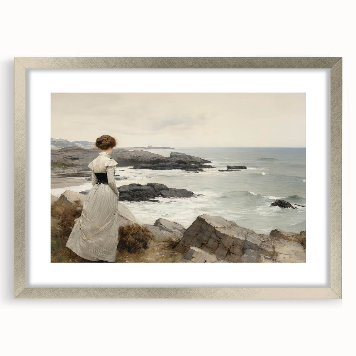 Vintage Landscape Art - Woman by the Sea on Rocky Shoreline