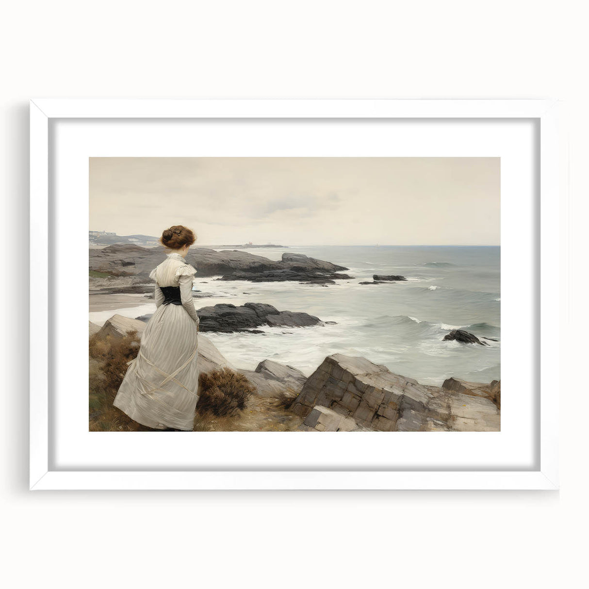 Vintage Landscape Art - Woman by the Sea on Rocky Shoreline