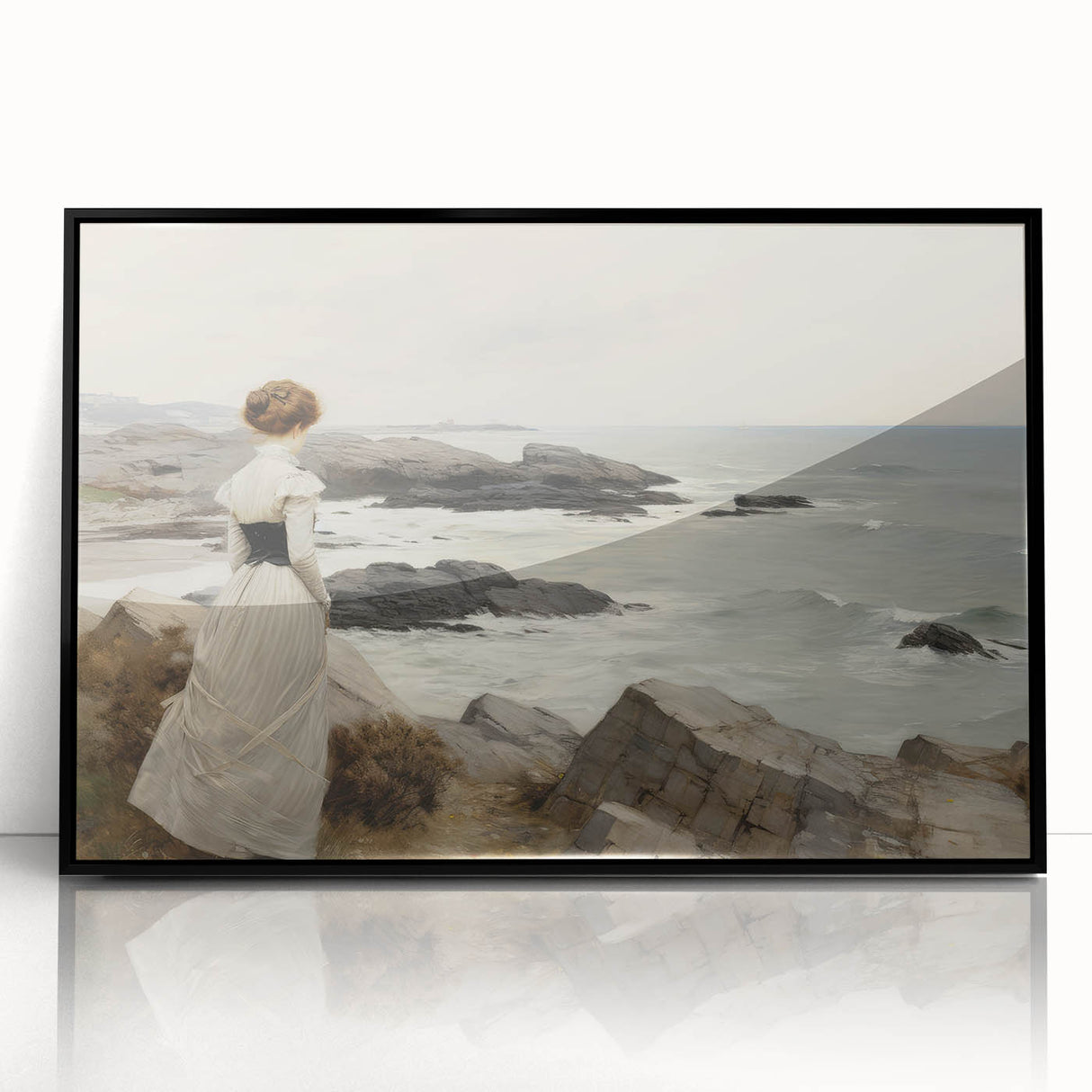Vintage Landscape Art - Woman by the Sea on Rocky Shoreline