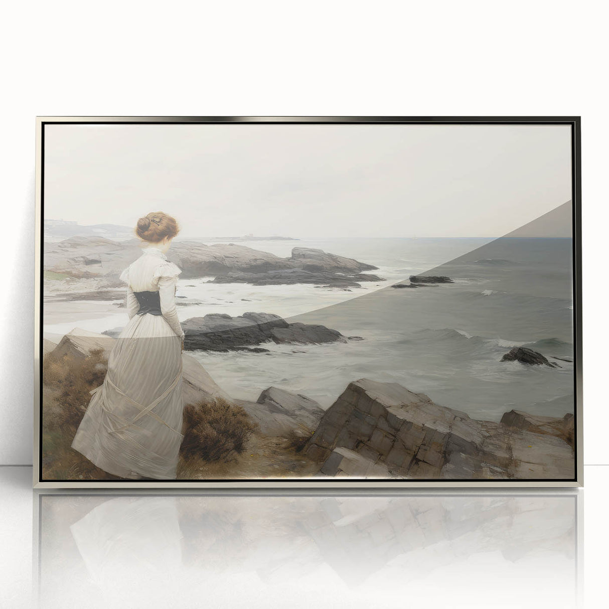 Vintage Landscape Art - Woman by the Sea on Rocky Shoreline
