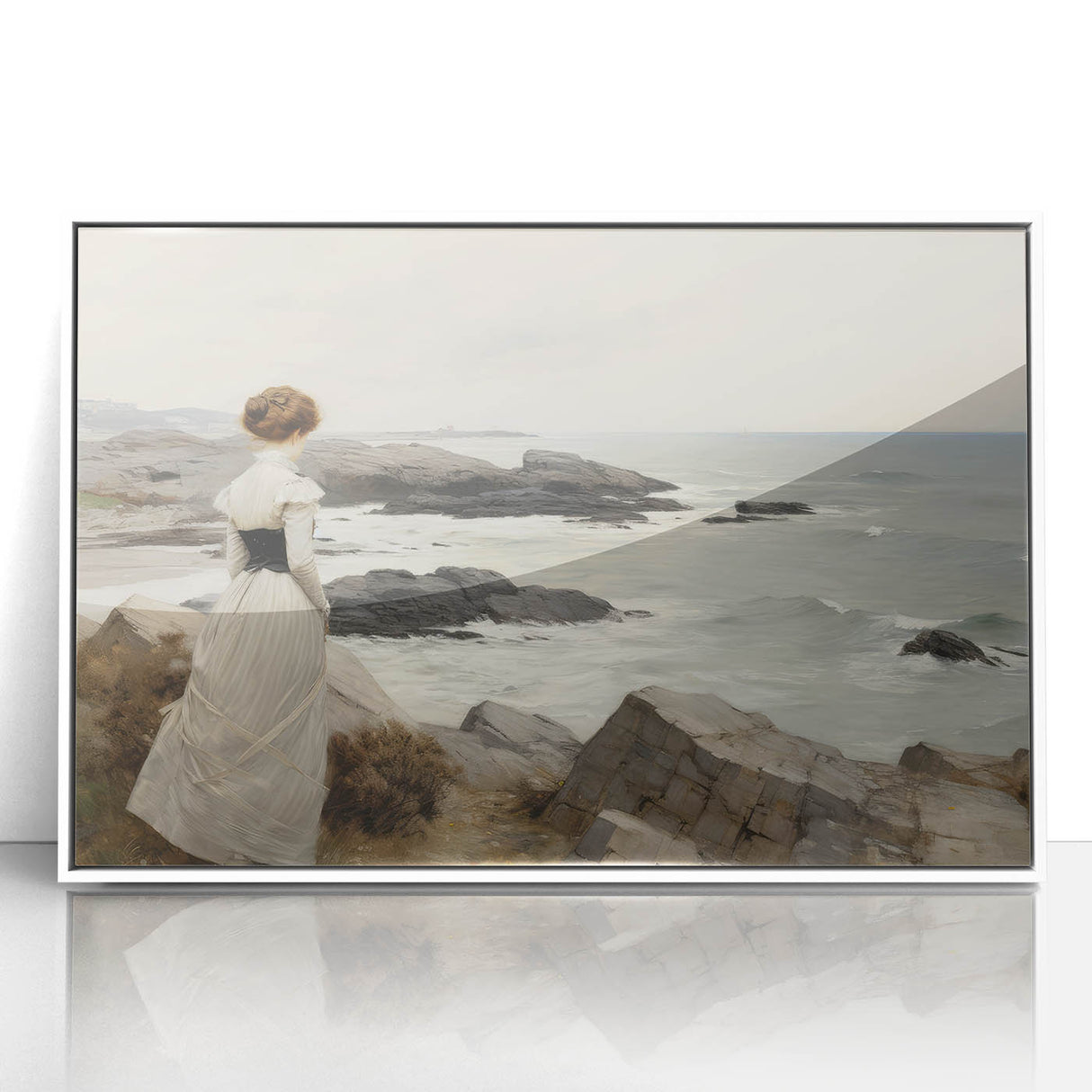 Vintage Landscape Art - Woman by the Sea on Rocky Shoreline