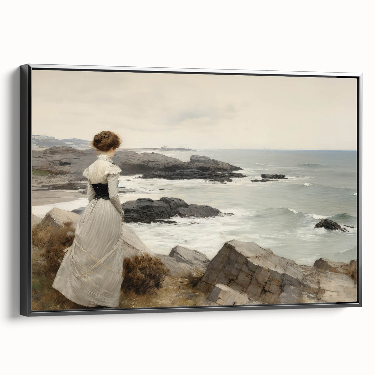 Vintage Landscape Art - Woman by the Sea on Rocky Shoreline
