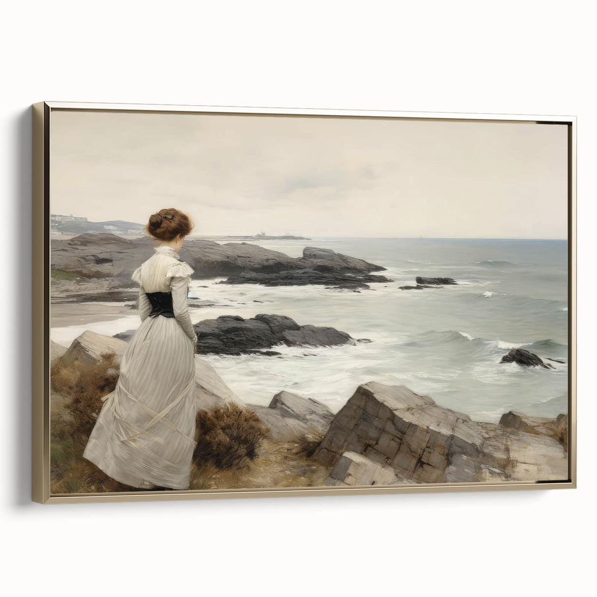 Vintage Landscape Art - Woman by the Sea on Rocky Shoreline
