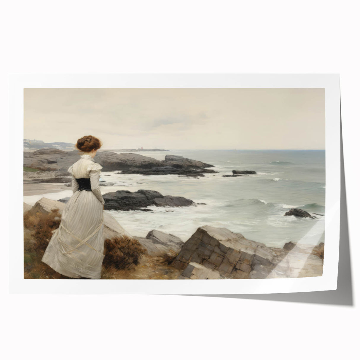 Vintage Landscape Art - Woman by the Sea on Rocky Shoreline
