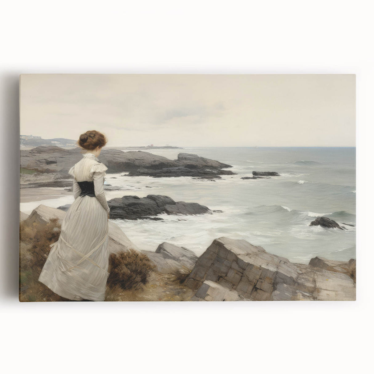 Vintage Landscape Art - Woman by the Sea on Rocky Shoreline