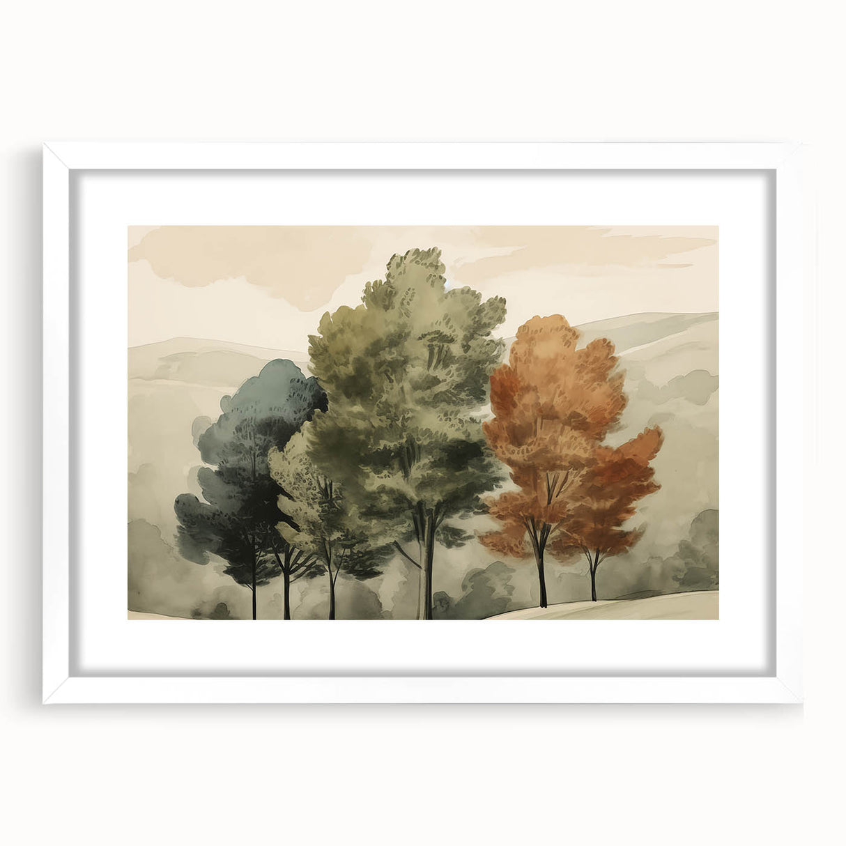 Vintage Landscape Art – Autumn Trees in Tranquil Landscape – Antique Nature Scene Wall Art