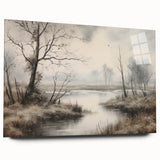 Vintage Landscape Art - Misty River with Bare Trees in Soft Hues
