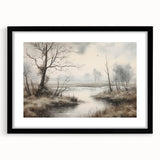 Vintage Landscape Art - Misty River with Bare Trees in Soft Hues