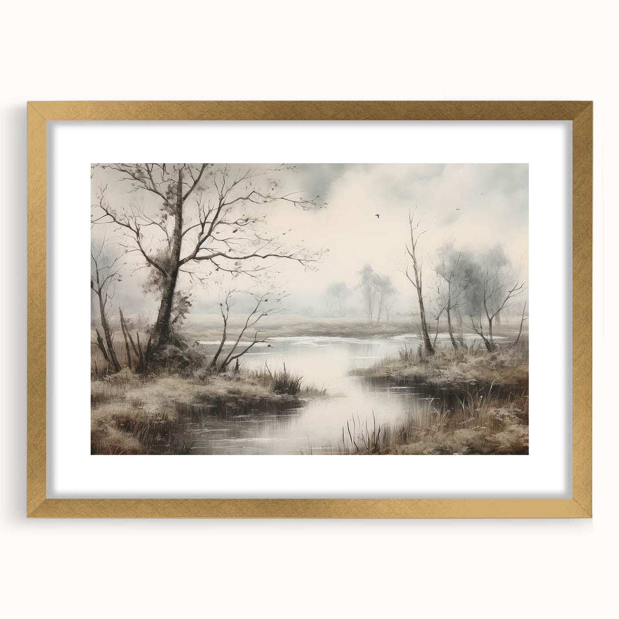 Vintage Landscape Art - Misty River with Bare Trees in Soft Hues
