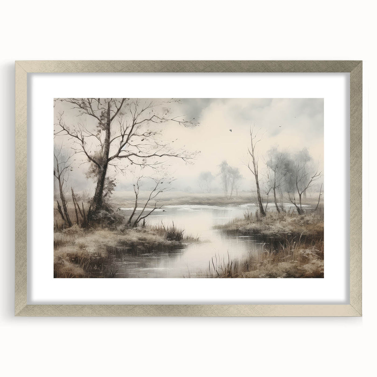 Vintage Landscape Art - Misty River with Bare Trees in Soft Hues