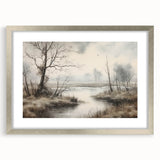 Vintage Landscape Art - Misty River with Bare Trees in Soft Hues