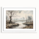 Vintage Landscape Art - Misty River with Bare Trees in Soft Hues