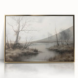Vintage Landscape Art - Misty River with Bare Trees in Soft Hues