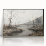 Vintage Landscape Art - Misty River with Bare Trees in Soft Hues