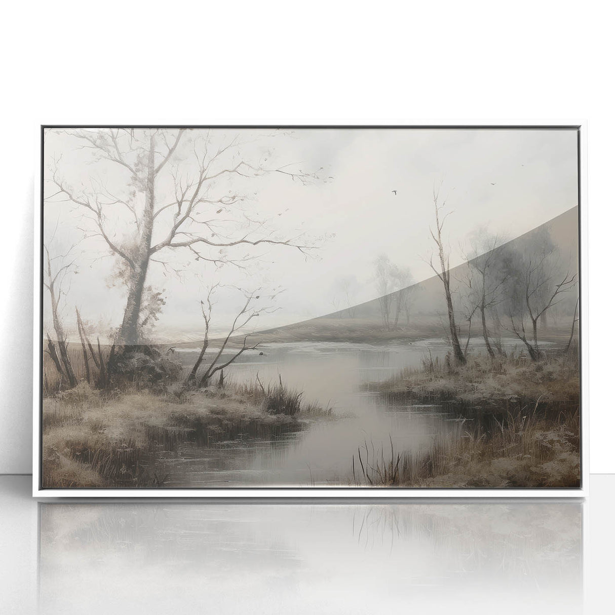 Vintage Landscape Art - Misty River with Bare Trees in Soft Hues