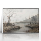 Vintage Landscape Art - Misty River with Bare Trees in Soft Hues