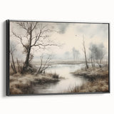 Vintage Landscape Art - Misty River with Bare Trees in Soft Hues