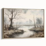 Vintage Landscape Art - Misty River with Bare Trees in Soft Hues
